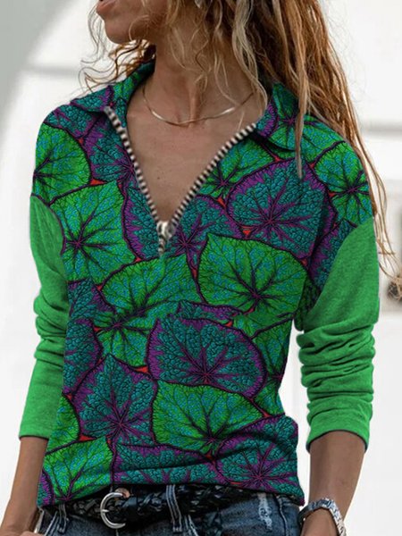 

Zipper Casual Leaves Shirt Collar Shirts & Tops, Green, Blouses & Shirts