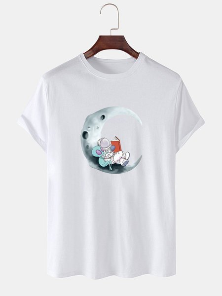 

Astronaut And Alien Sitting On The Moon Graphic Men's Tee, White, T-shirts