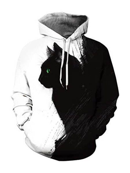 

Men Black Cat Side 3D Print Hooded Sweatshirt, White, Men