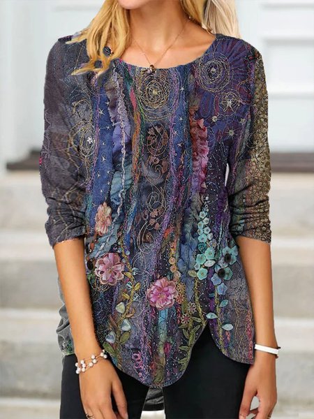 

Casual Floral-Print Crew Neck Floral Shirts & Tops, Multicolor, Winter Clearance
