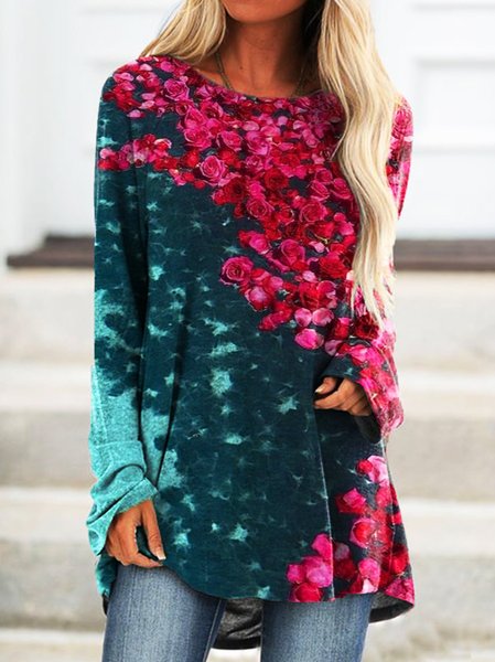 

Elegant Crew Neck Long Sleeve Tops, Blue, Tops