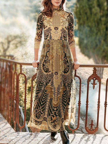 

Abito Maniche Lunghe Misto Cotone, Cachi, Maxi Dresses