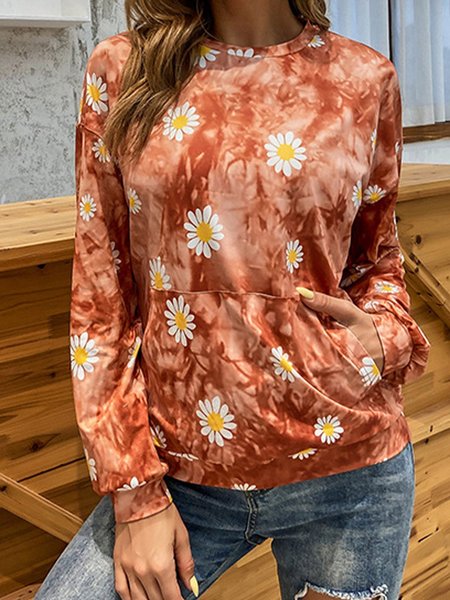 

Floral Crew Neck Pockets Casual Top, Orange, Hoodies and Sweatshirts