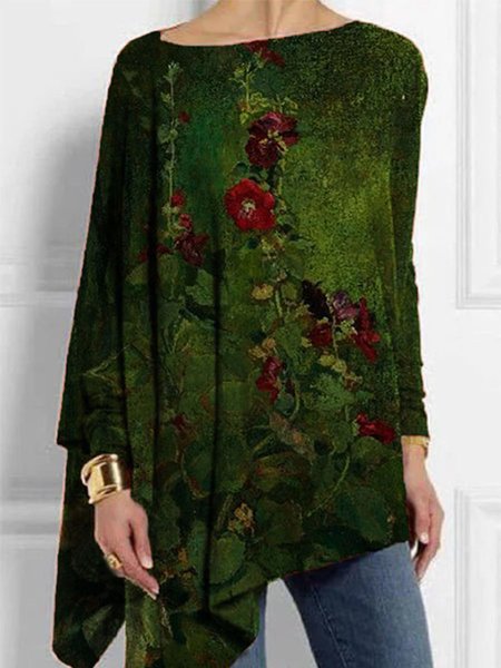 Long Sleeve Floral Floral-Print Casual Shirts & Tops, Green, Tops