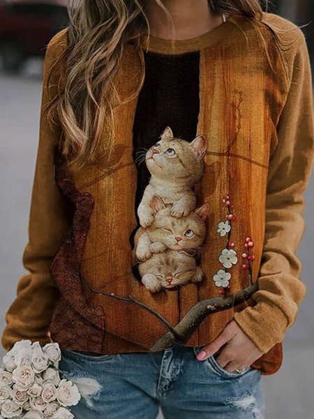 Casual Long Sleeve Floral Printed Shirts & Tops, Khaki, Hoodies&Sweatshirts