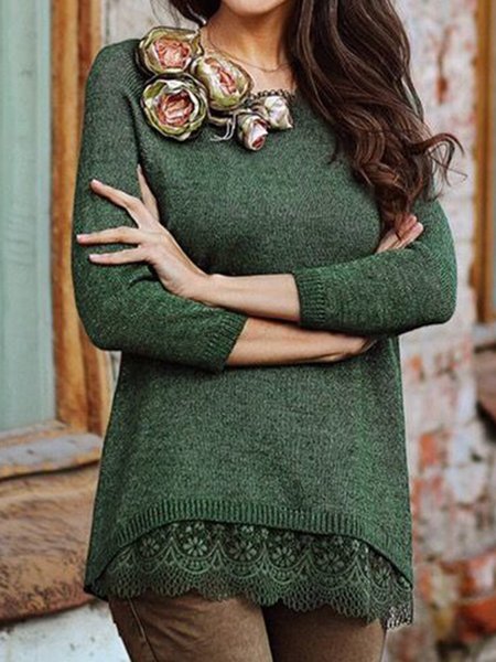 

Top Vintage Tinta Unita Pizzo Maniche Lunghe Girocollo Casuale, Verde, Knitwear
