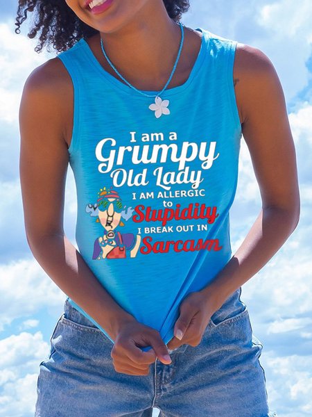 

Letter Cotton-Blend Casual Vests, Blue, Tanks & Camis
