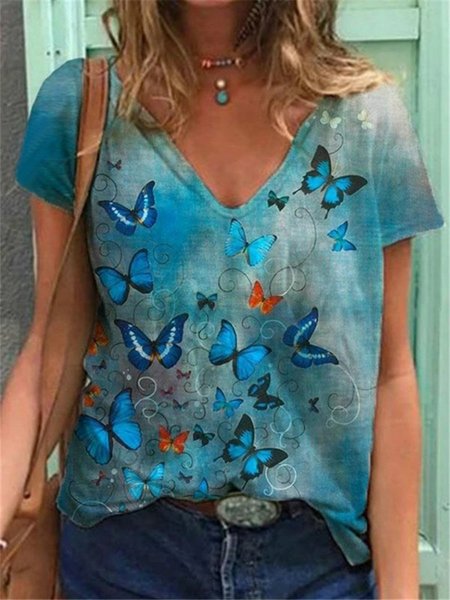 

Cotton Short Sleeve Casual Shirts & Tops, As picture, Printed T-shirts