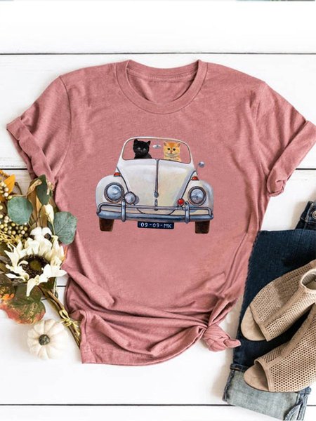 

Women Cute Cat Graphic Tee Casual T-Shirt, Brick red, T-shirts