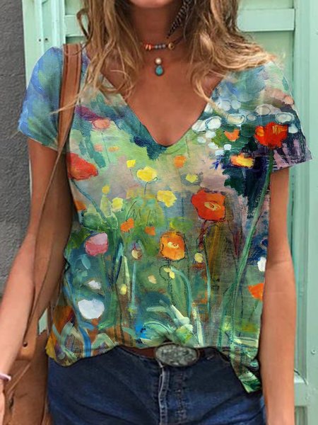 

Short Sleeve Casual V Neck T-shirt, Blue, Tops
