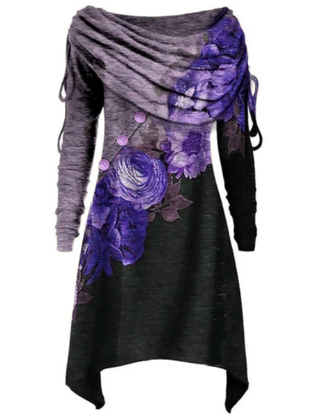 Casual Cotton Long Sleeve Dresses, Purple, Dresses