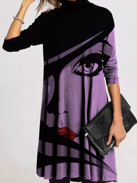

Abito Casuale Stampato Maniche Lunghe Fibra Di Poliestere, Viola, Dresses