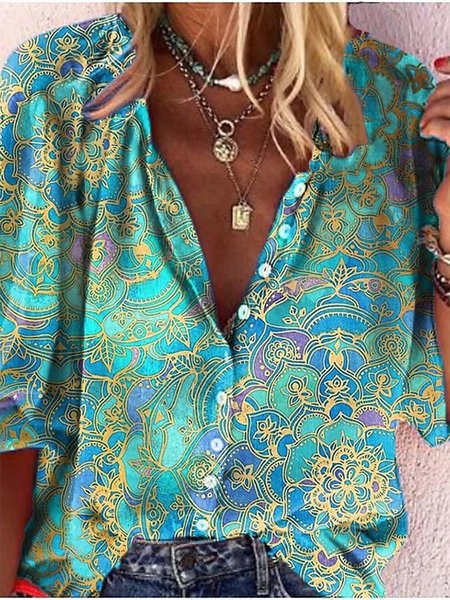 

Women's Blouse Shirt Abstract Long Sleeve Print V Neck Basic Blouse, Light blue, Tops