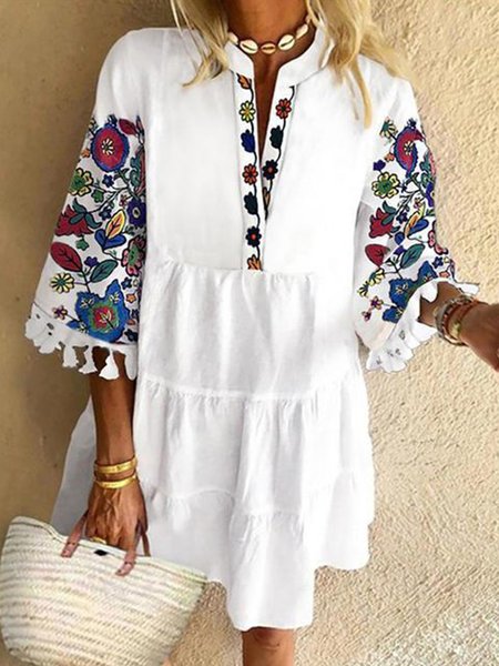 

Floral Cotton-Blend Short Sleeve Weaving Dress, White, Casual Dresses