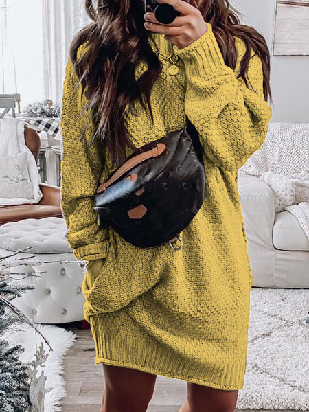 

Turtleneck Knitted Long Sleeve Dresses, Yellow, Dresses
