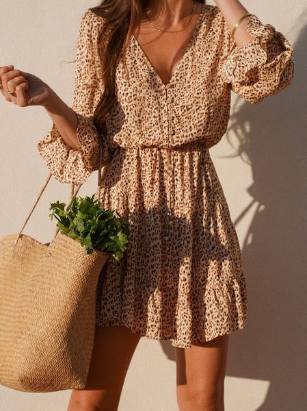 

Ditsy Floral Long Sleeve V Neck Vintage Weaving Dress, Apricot, Casual Dresses