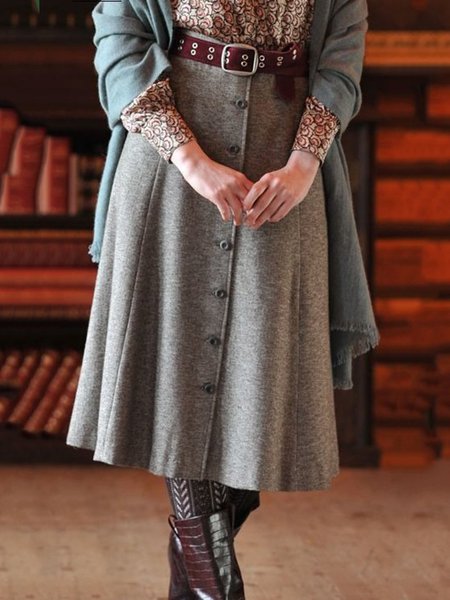 

Mini Gonna Grigio Vintage Casuale Abbottonato A-line, Skirts