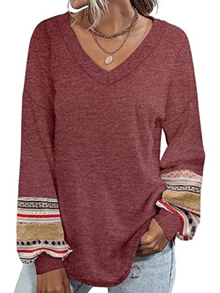 

Vintage Geometric Printed Plus Size Long Sleeve V Neck Casual Tops, Wine red, Tops