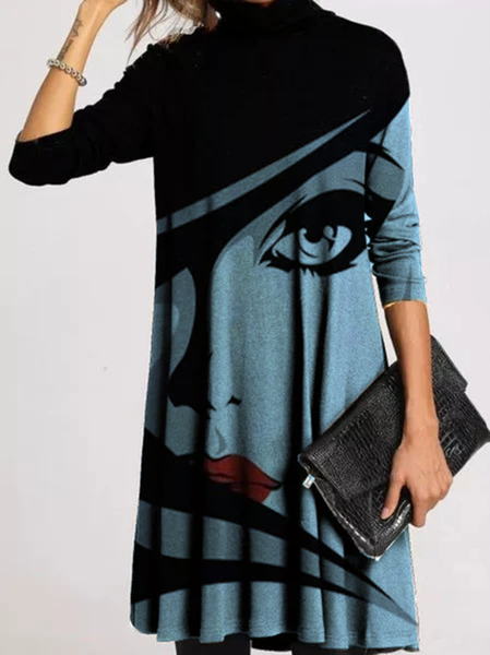 

Abito Maniche Lunghe Casuale Girocollo Cotone, Blu, Midi Dresses