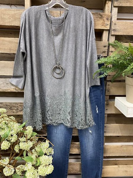 

Round Neck Cotton-Blend Long Sleeve Shirts & Tops, Gray, Tops