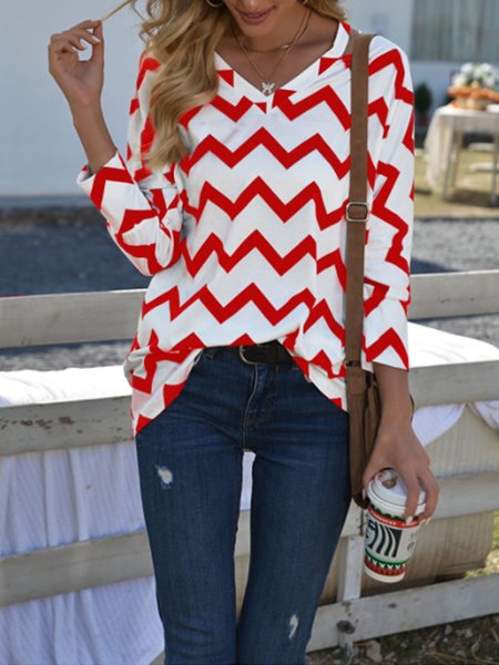 

Long Sleeve V Neck Cotton-Blend Top, Red, Blouses and Shirts