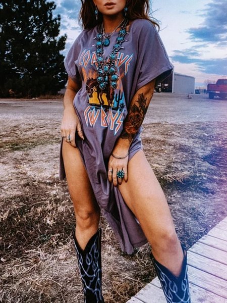 

Cotton-Blend Short Sleeve Dresses, Gray, Casual Dresses