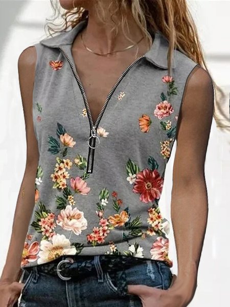 

Zipper Sleeveless Floral Casual T-shirt, Gray, T-Shirts