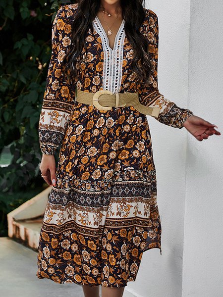 

V Neck Long Sleeve Holiday Printed Dress, Black, Midi Dresses