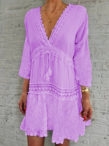 

Donna caffetano Scollo a V 3/4 Manica Panelled Gonna Estivo Casuale, Viola, Casual Dresses