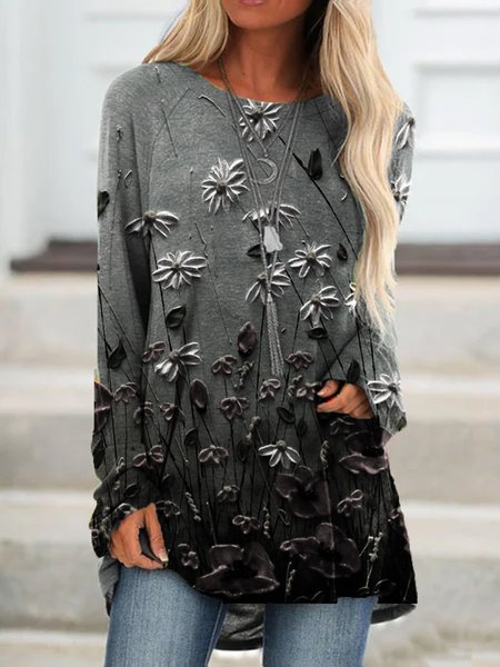 

New Women Fashion Plus Size Boho Holiday Floral Vintage Casual Shift Tops, Deep gray, Tunics
