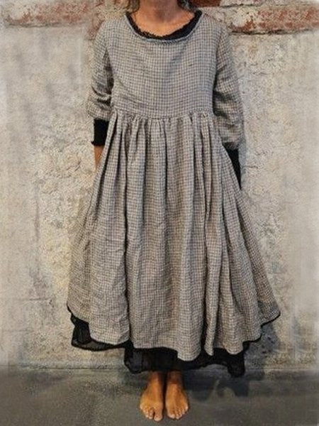 

Abito Casuale a Quadri Maniche Lunghe, Grigio, Midi Dresses