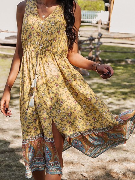 

Sleeveless Floral V Neck Printed Dress, Yellow, Midi Dresses