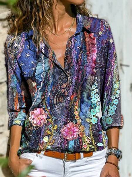 

Shirt Collar Floral Cotton Casual Shirts & Tops, Image color, Blouses & Shirts