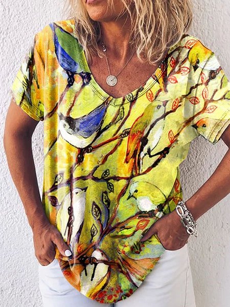 

16 Birds Print Women's Short Sleeve V-neck T-shirt, Yellow, T-shirts
