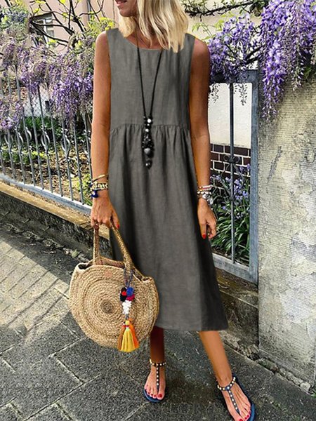 

Daily Shift Crew Neck Pleated Sleeveless Vintage Midi Dress, Gray, Midi Dresses