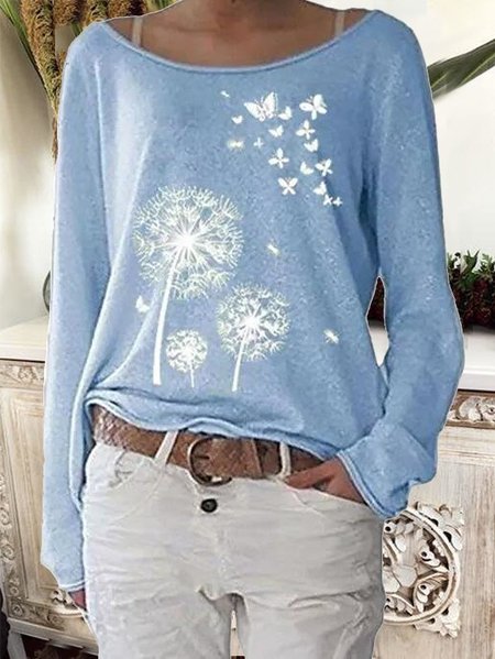 

The dandelion Long Sleeve Print Boat Neck Streetwear Basic Top, Blue, Tops