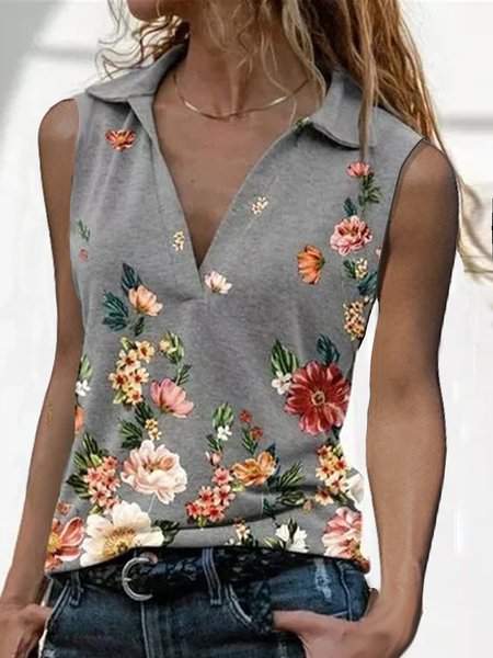 

Vintage Printed Floral Sleeveless Shirts & Tops, Gray, Tanks & Camis