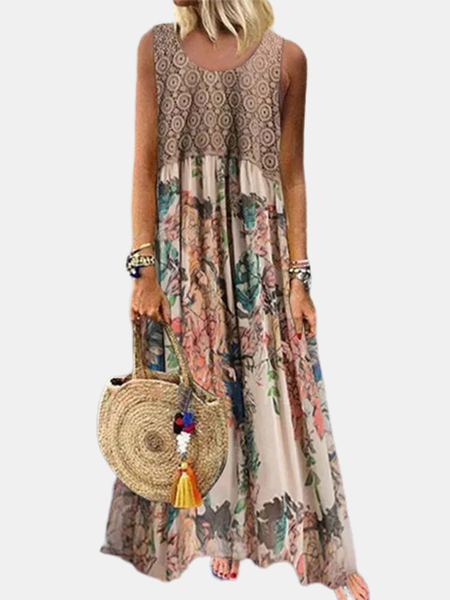 

Vintage Floral Printed O-neck Sleeveless Maxi Dress, Khaki, Dresses