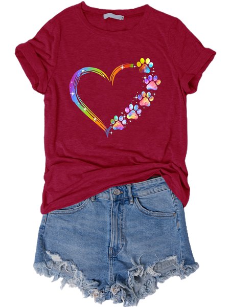 Crew Neck Short Sleeve Caring dog footprints Shirt & Top, Wine red, T-shirts
