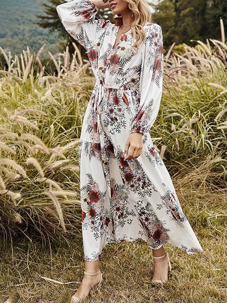 

Floral A-Line Long Sleeve Dress, White, Midi Dresses