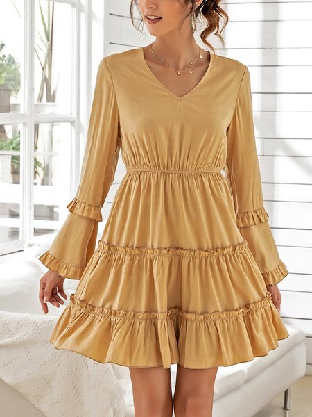 

Plain Long Sleeve Dress, Yellow, Mini Dresses