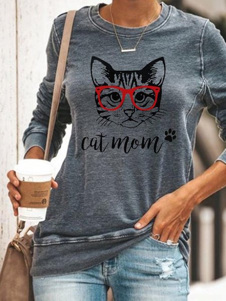 

Cat Mom With Glasses Print Sweatshirt, Gray, Hoodies&Sweatshirts