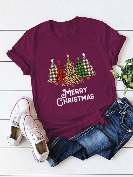 

Plaid Leopard Christmas Tree Merry Christmas Graphic Tee, Wine red, T-shirts