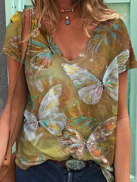 

Butterfly Casual V Neck Shirts & Tops, Brown, Printed T-shirts