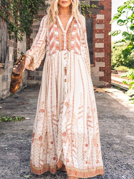 

Abito Bohemian Stampato Maniche Lunghe Tribale, Rosso, Maxi Dresses