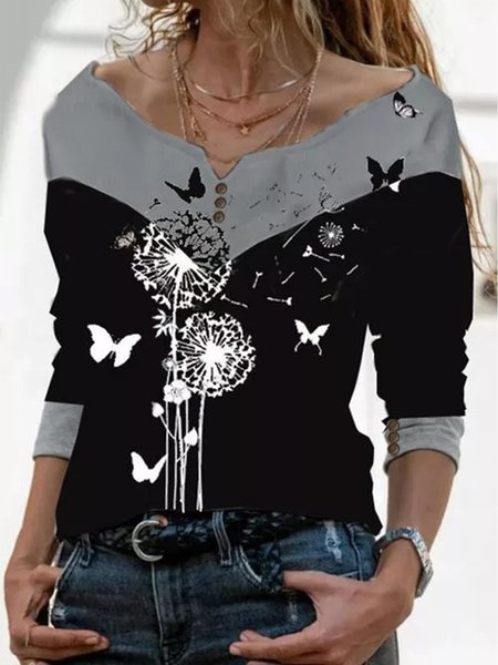 

Casual Printed Cotton-Blend V Neck Shirts & Tops, Gray, Tops