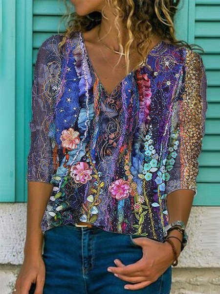 

Top Stampato Vintage Astratto Misto Cotone, Blu, Blouses & Shirts