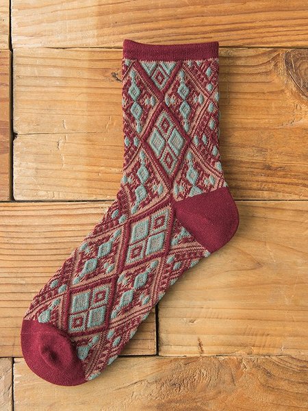 Retro ethnic palace checkered prismatic floral socks, Red, Socks
