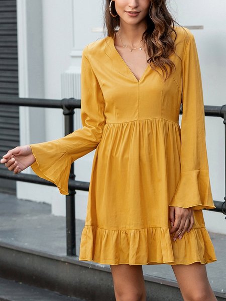 

Long Sleeve V Neck Dress, Yellow, Mini Dresses