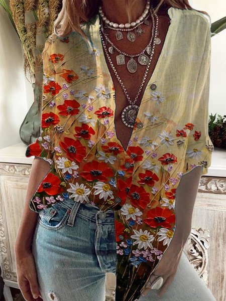 

Daisy Flower Print Long Sleeve Vintage Shirt For Women, Beige, Tops